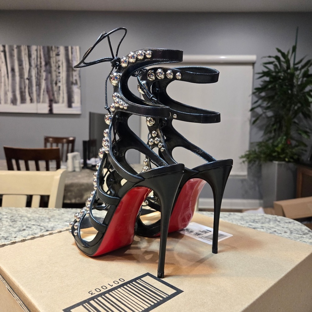 NEW Christian Louboutin Amazoubille Ghille Cage Black Studded Heels Size 7.5 - Picture 8 of 13